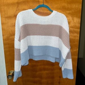 moon & madison Colorblock Cropped Sweater - White, Brown, and Blue